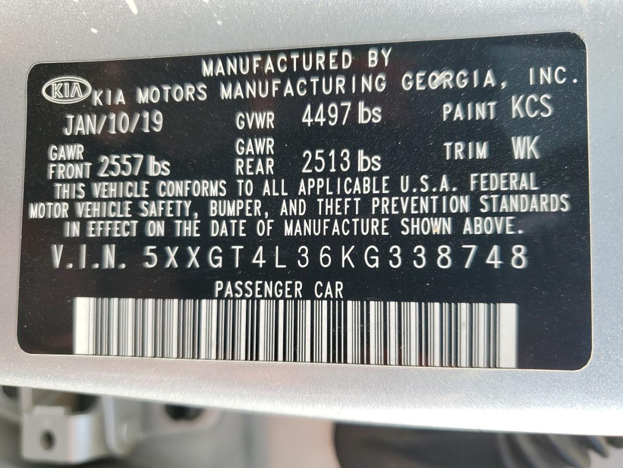 2019 Kia Optima Lx VIN: 5XXGT4L36KG338748 Lot: 64474744