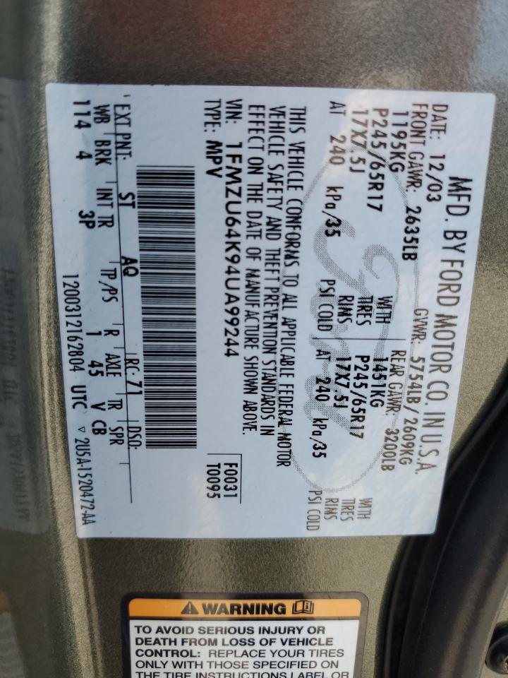 2004 Ford Explorer Eddie Bauer VIN: 1FMZU64K94UA99244 Lot: 63468824