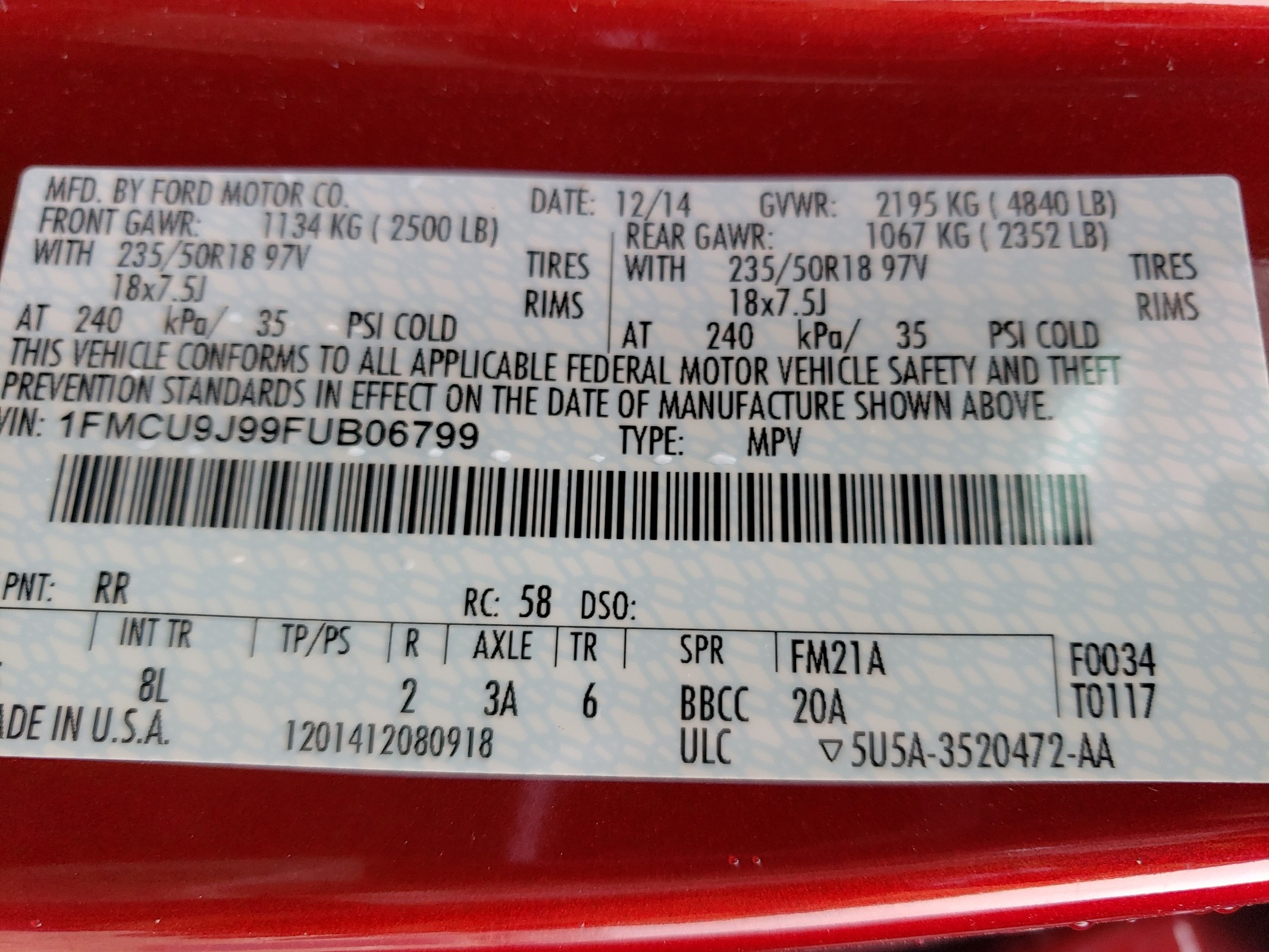 1FMCU9J99FUB06799 2015 Ford Escape Titanium