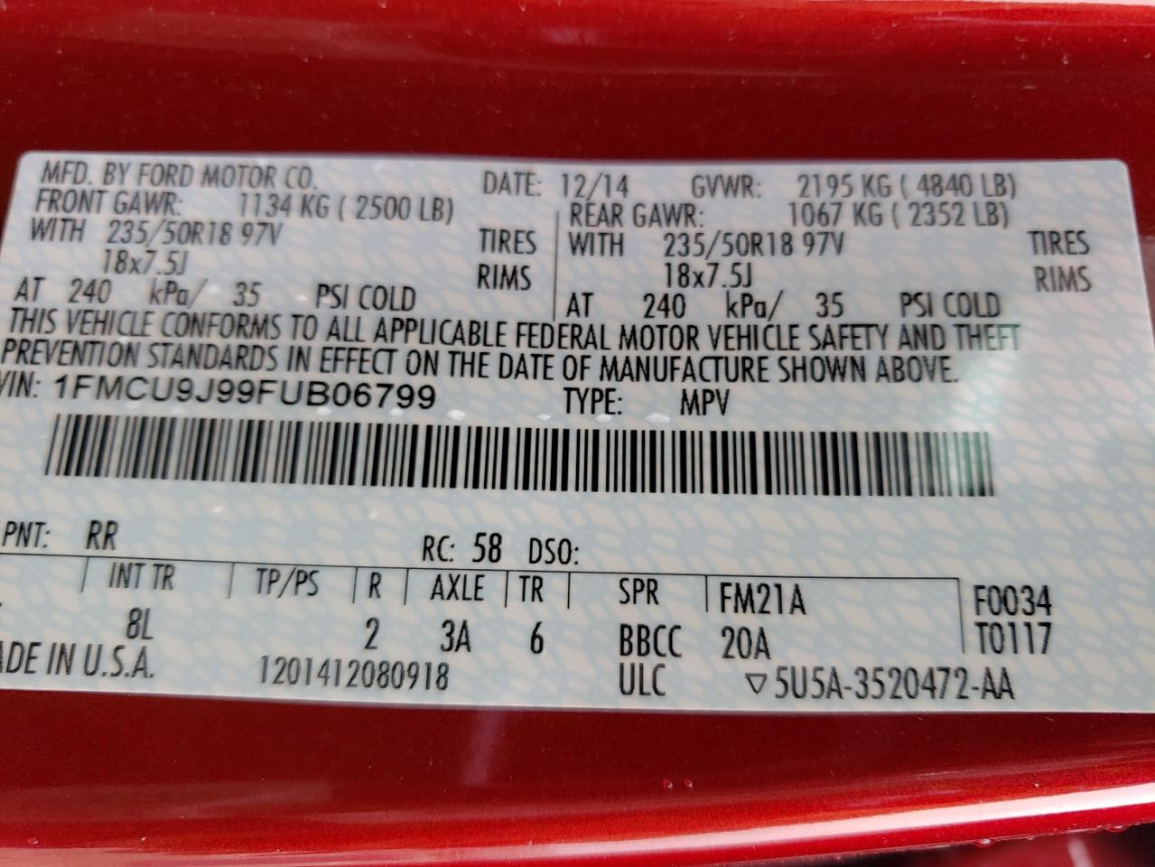 2015 Ford Escape Titanium VIN: 1FMCU9J99FUB06799 Lot: 65091004