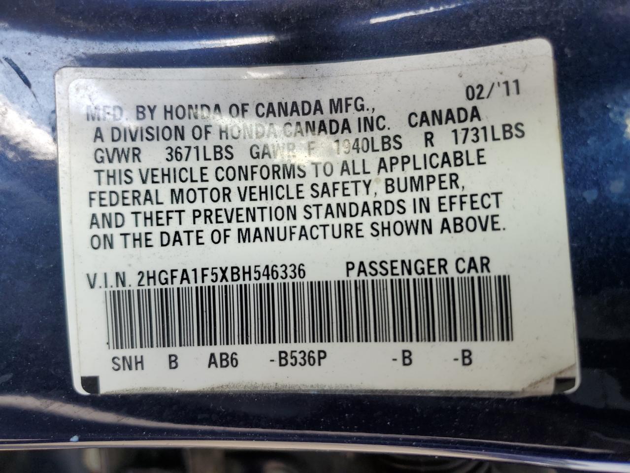 2HGFA1F5XBH546336 2011 Honda Civic Lx