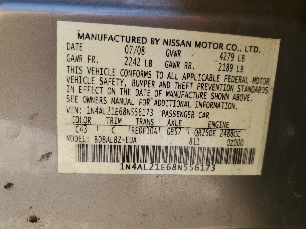 1N4AL21E68N556173 2008 Nissan Altima 2.5