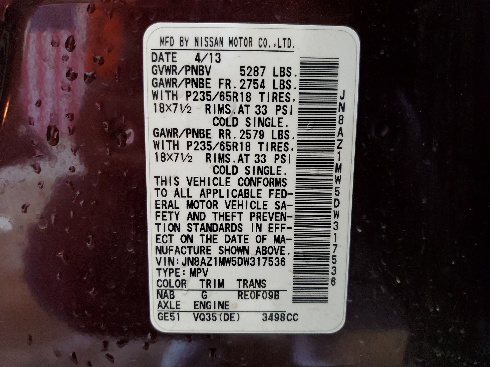 JN8AZ1MW5DW317536 2013 Nissan Murano S