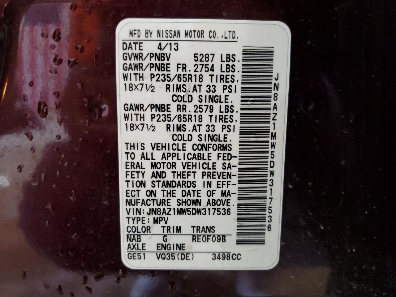 2013 Nissan Murano S VIN: JN8AZ1MW5DW317536 Lot: 62851224