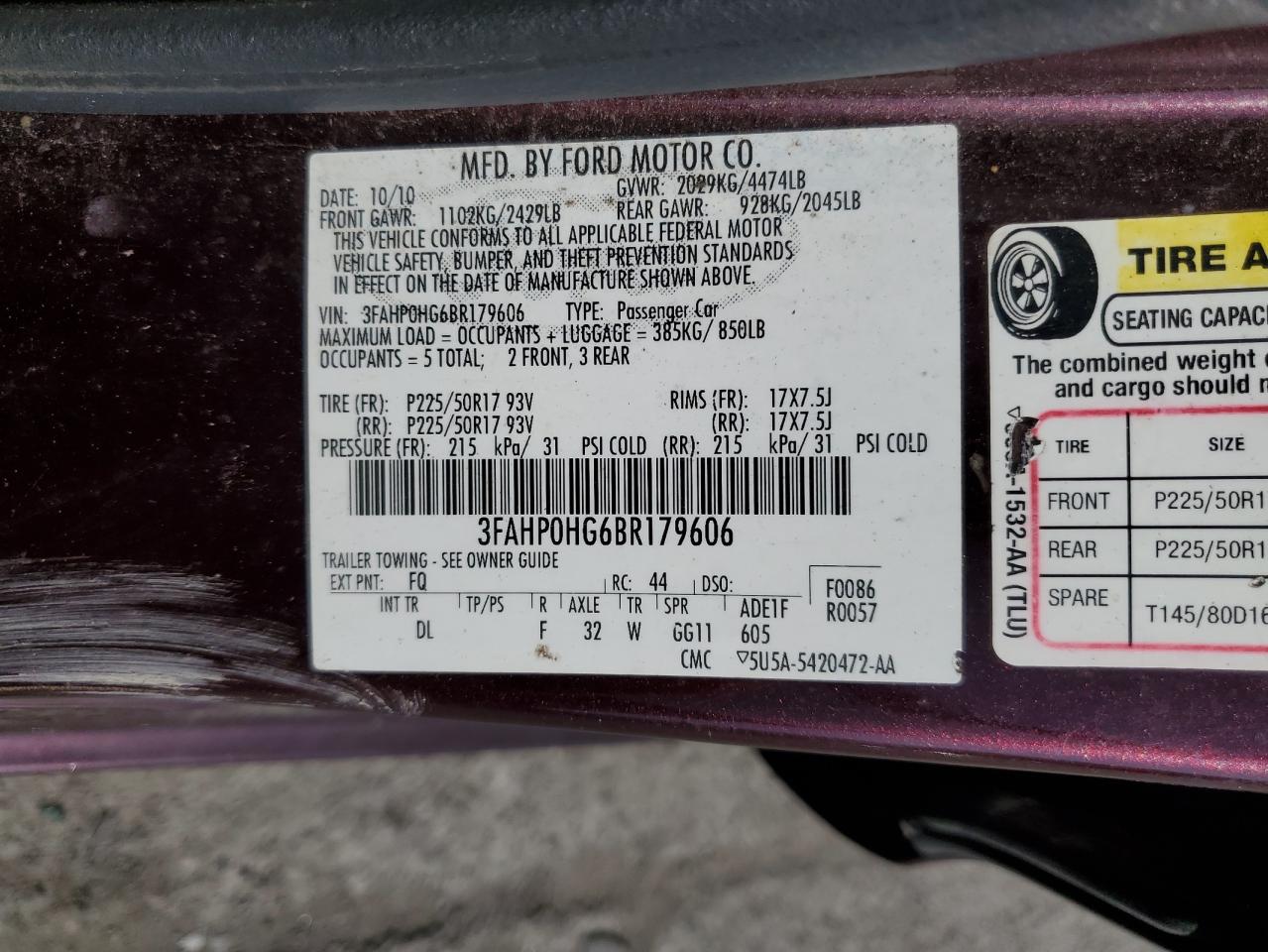 2011 Ford Fusion Se VIN: 3FAHP0HG6BR179606 Lot: 64410924