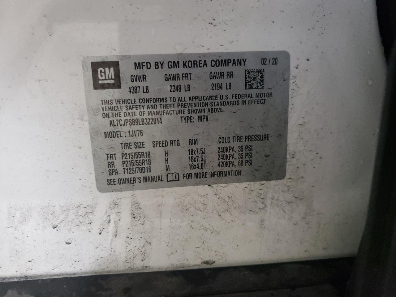 2020 Chevrolet Trax 1Lt VIN: KL7CJPSB9LB322014 Lot: 64390284