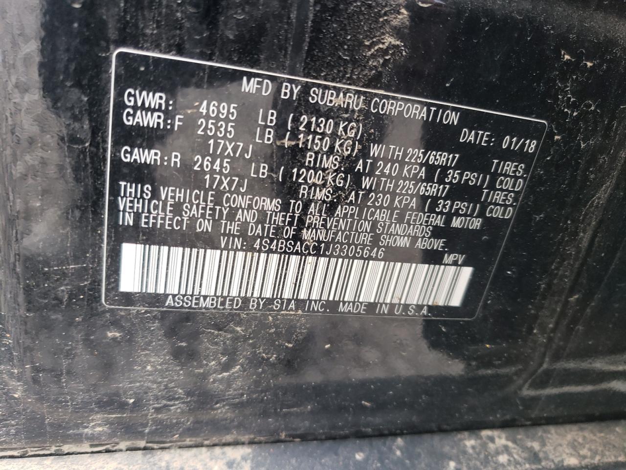 2018 Subaru Outback 2.5I Premium VIN: 4S4BSACC1J3305646 Lot: 64048334