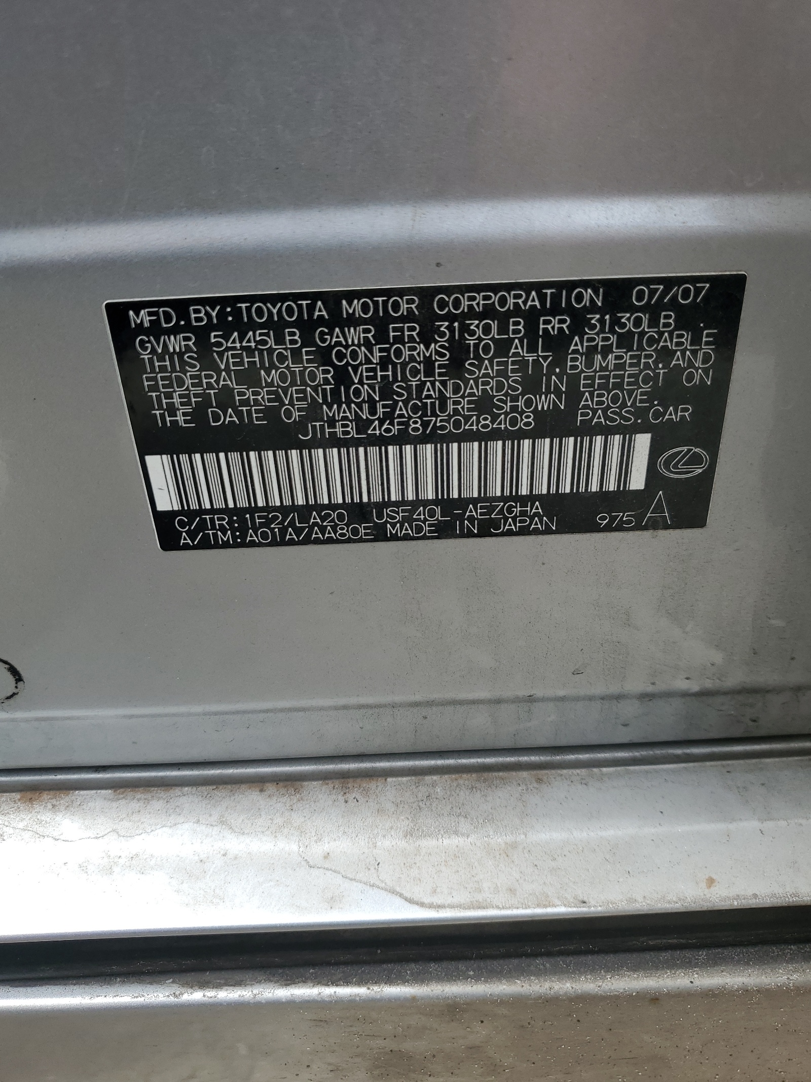 JTHBL46F875048408 2007 Lexus Ls 460