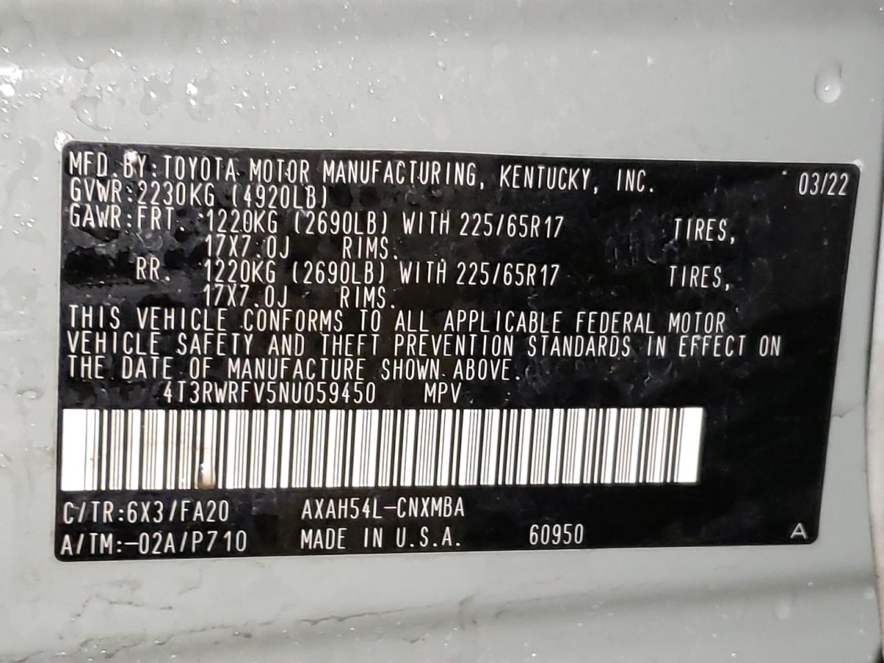 2022 Toyota Rav4 Xle VIN: 4T3RWRFV5NU059450 Lot: 62106954