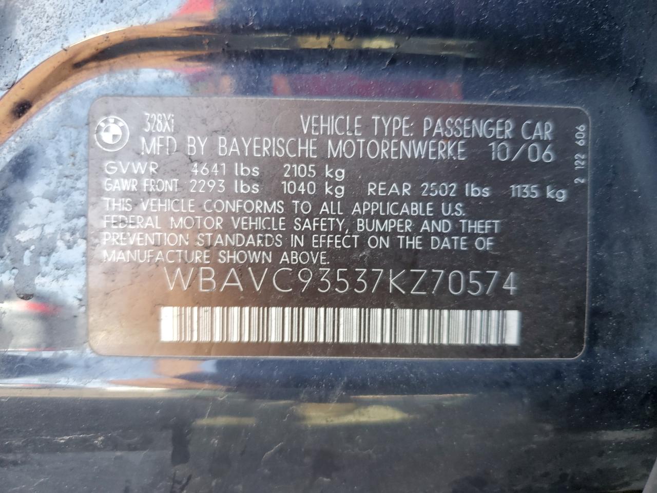 2007 BMW 328 Xi VIN: WBAVC93537KZ70574 Lot: 63662684