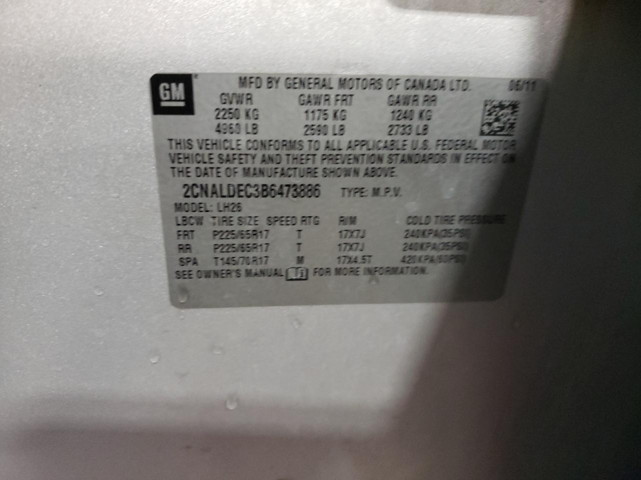 2011 Chevrolet Equinox Lt VIN: 2CNALDEC3B6473886 Lot: 64389994