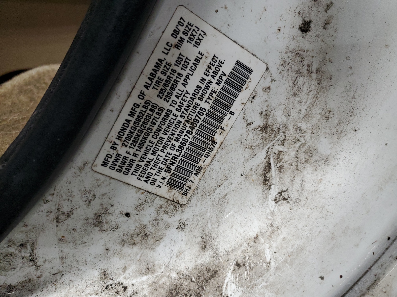 5FNRL38687B459765 2007 Honda Odyssey Exl