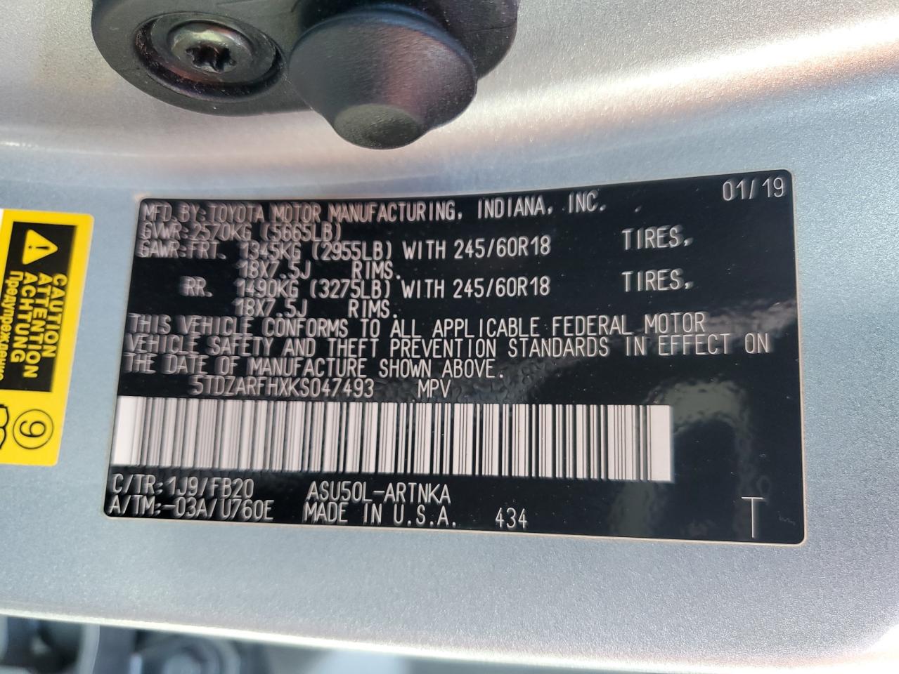 2019 Toyota Highlander Le VIN: 5TDZARFHXKS047493 Lot: 62934814