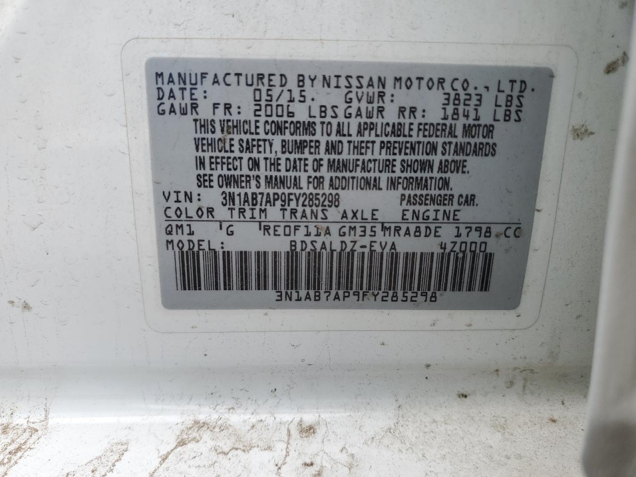 2015 Nissan Sentra S VIN: 3N1AB7AP9FY285298 Lot: 61624734