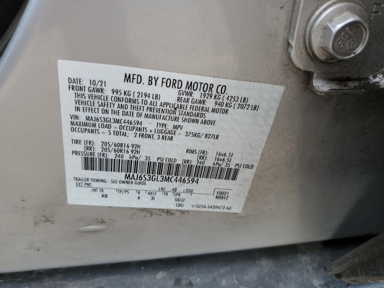 2021 Ford Ecosport Se VIN: MAJ6S3GL3MC446594 Lot: 64519954