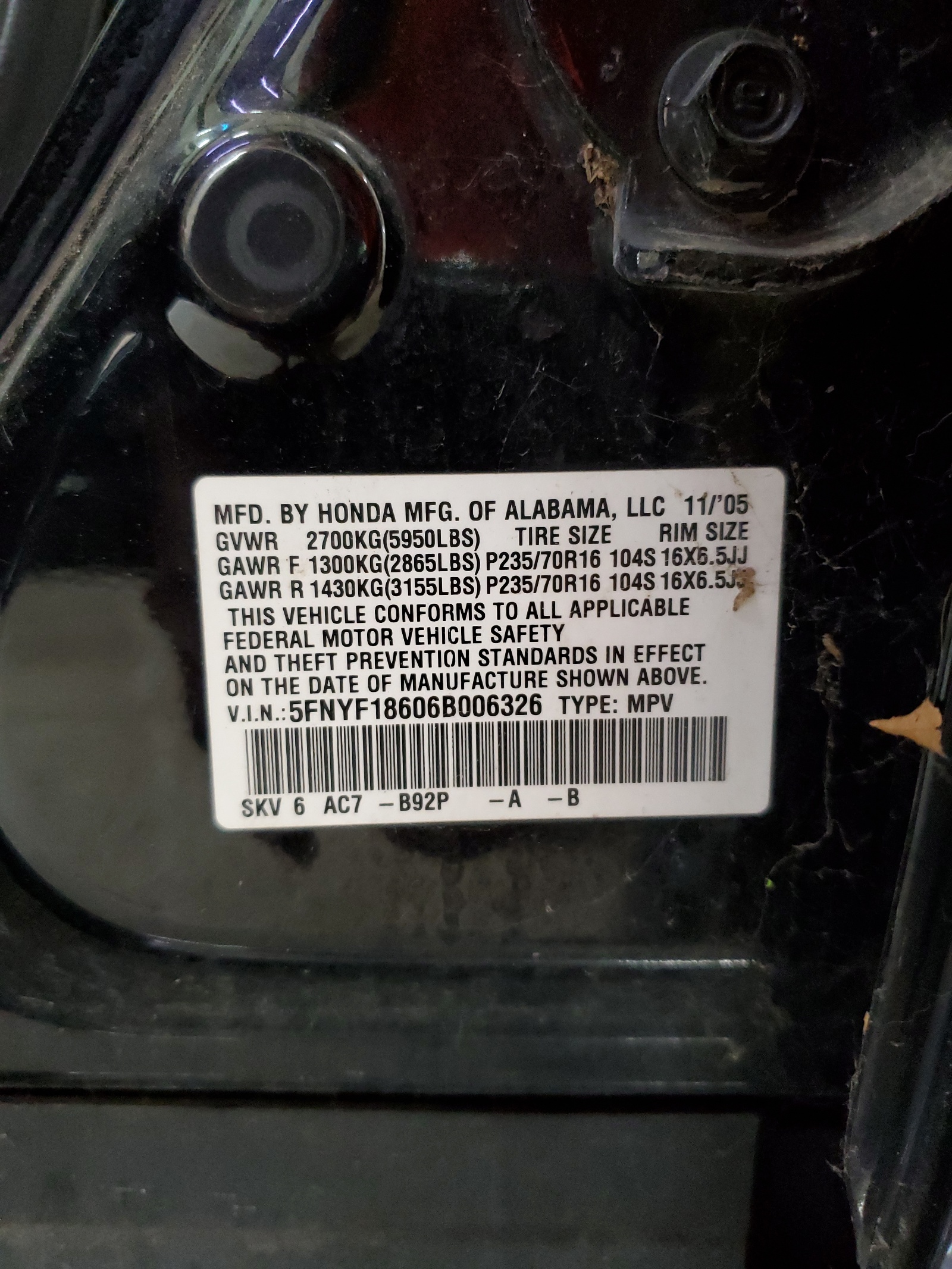 5FNYF18606B006326 2006 Honda Pilot Ex