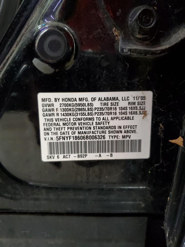 2006 Honda Pilot Ex VIN: 5FNYF18606B006326 Lot: 64237344