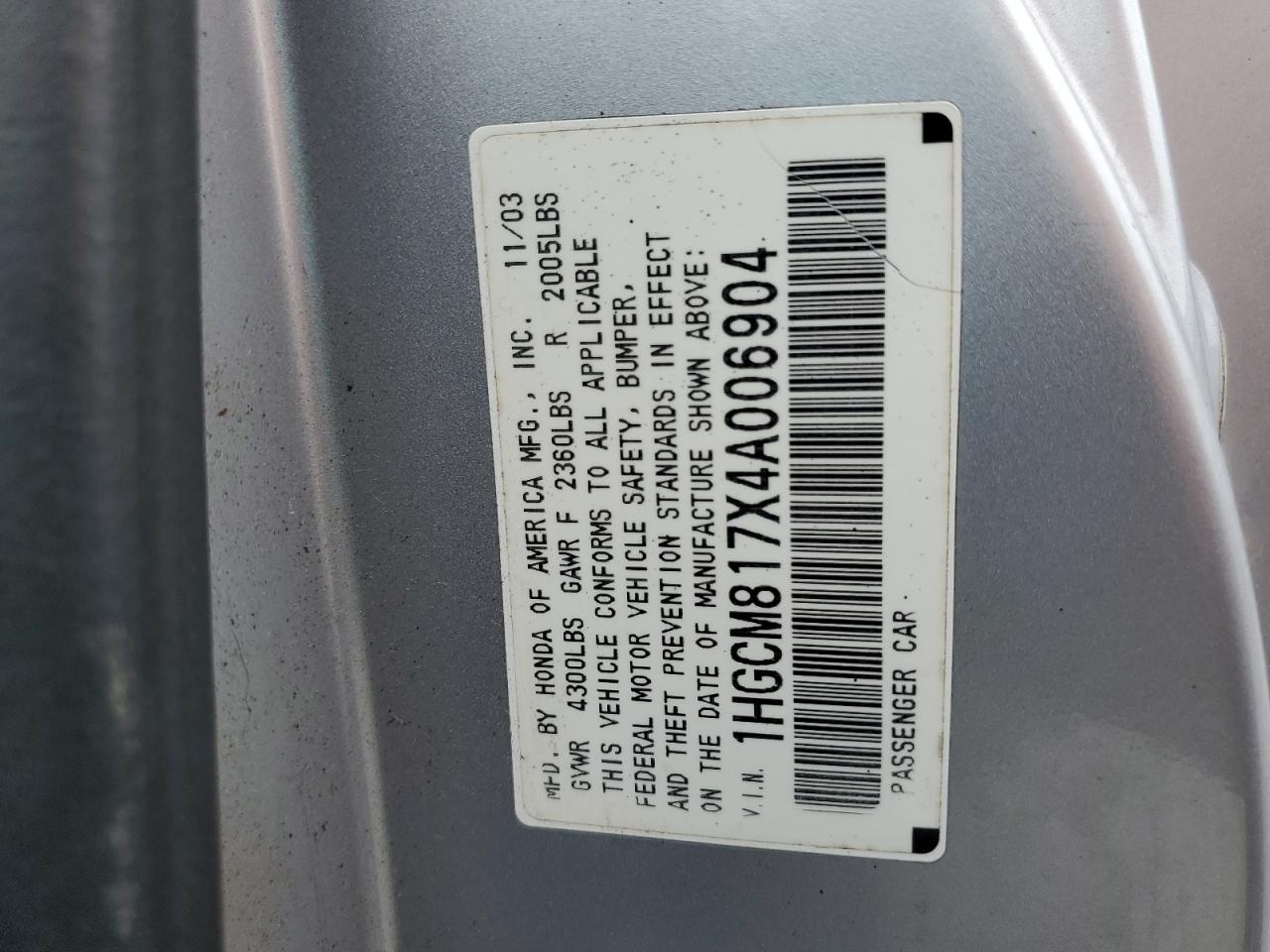 2004 Honda Accord Ex VIN: 1HGCM817X4A006904 Lot: 63136154