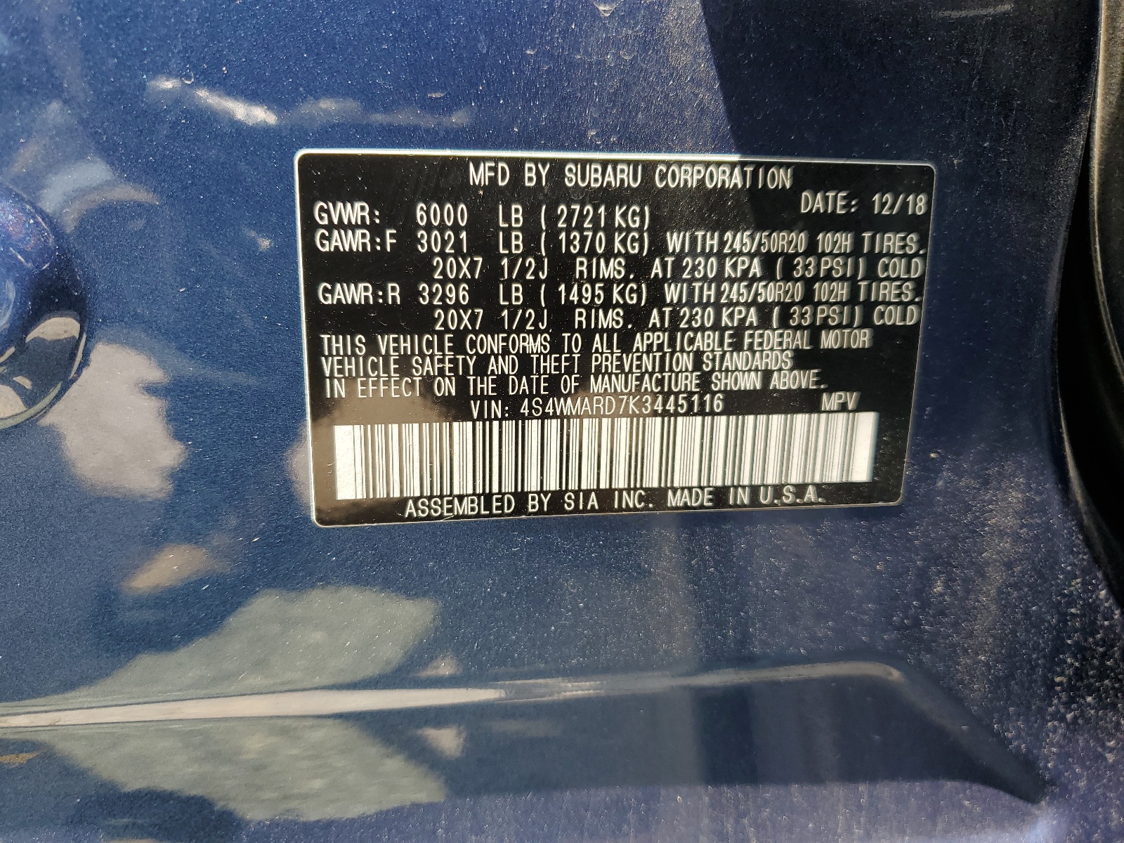 4S4WMARD7K3445116 2019 Subaru Ascent Touring