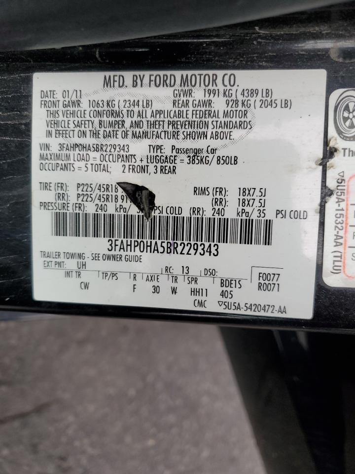 2011 Ford Fusion Se VIN: 3FAHP0HA5BR229343 Lot: 63991884