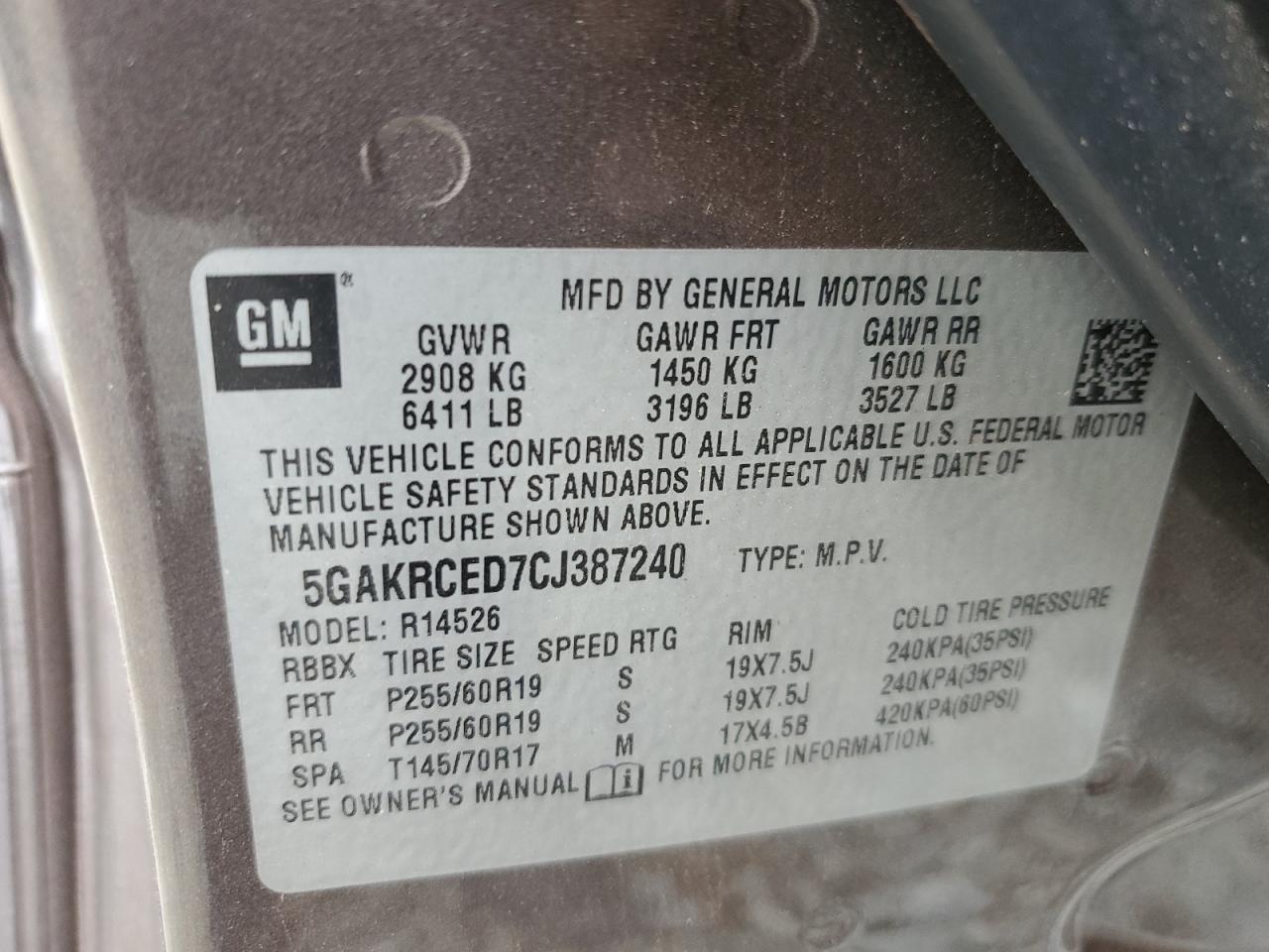 2012 Buick Enclave VIN: 5GAKRCED7CJ387240 Lot: 61883654