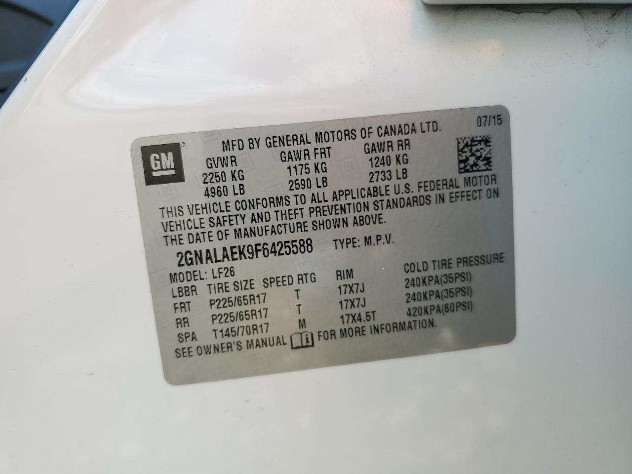 2GNALAEK9F6425588 2015 Chevrolet Equinox Ls