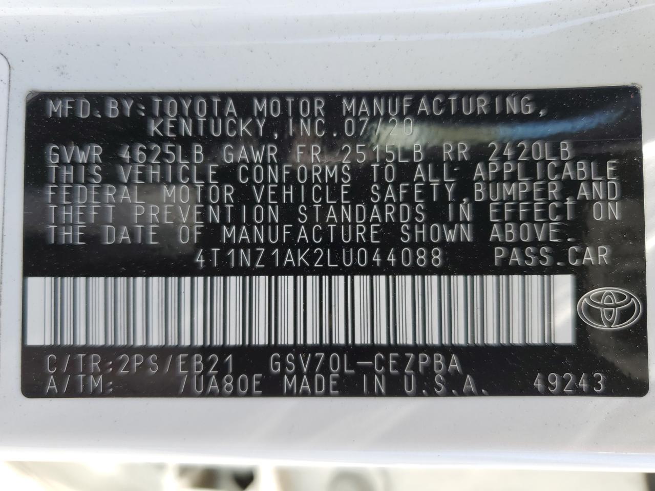 2020 Toyota Camry Trd VIN: 4T1NZ1AK2LU044088 Lot: 56860234
