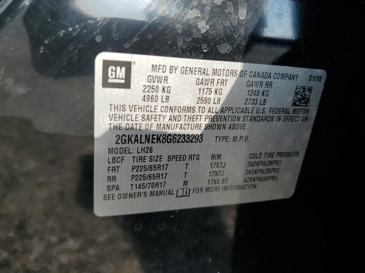 2016 GMC Terrain Sle VIN: 2GKALNEK8G6233293 Lot: 65003964