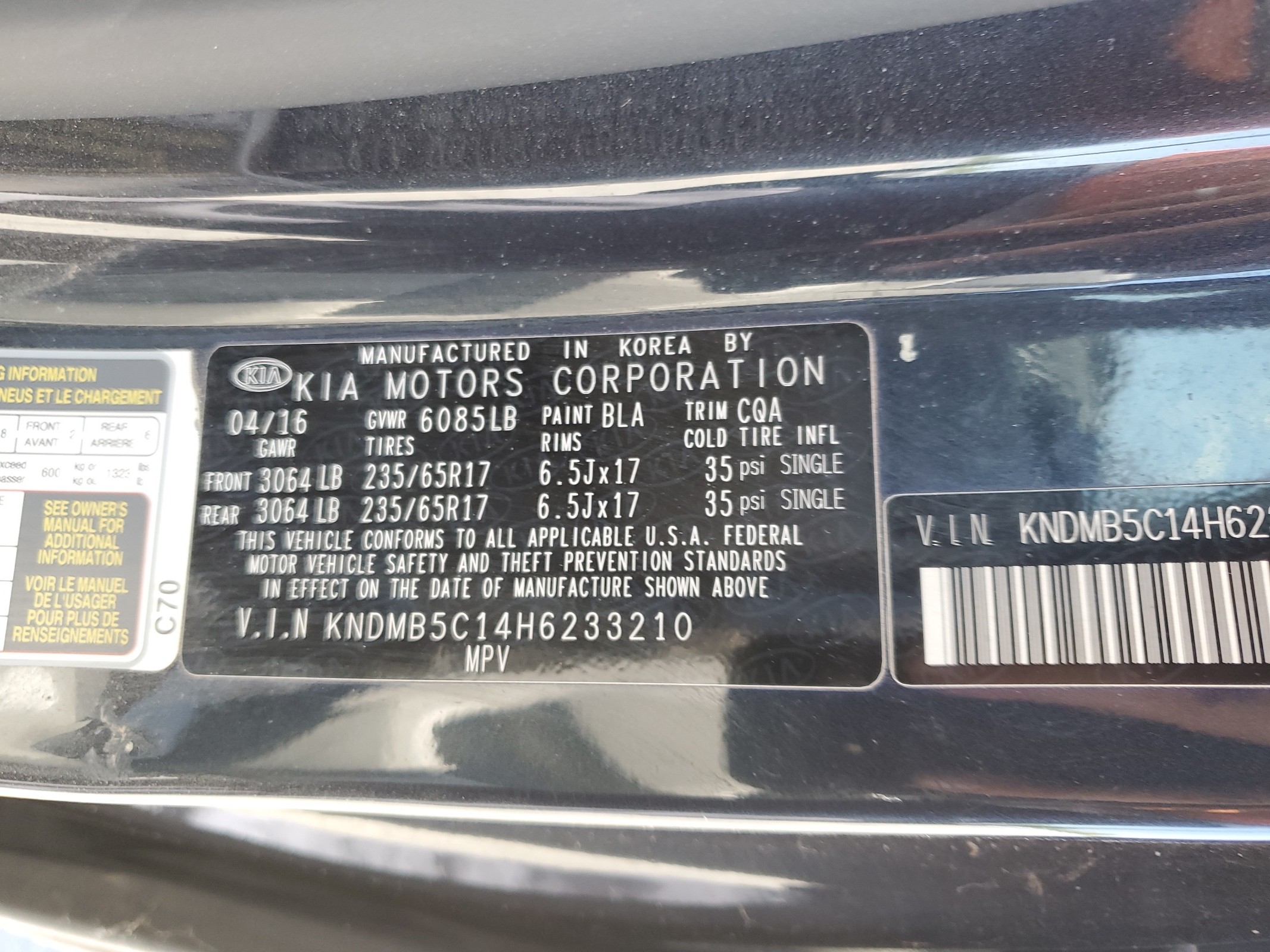 KNDMB5C14H6233210 2017 Kia Sedona Lx