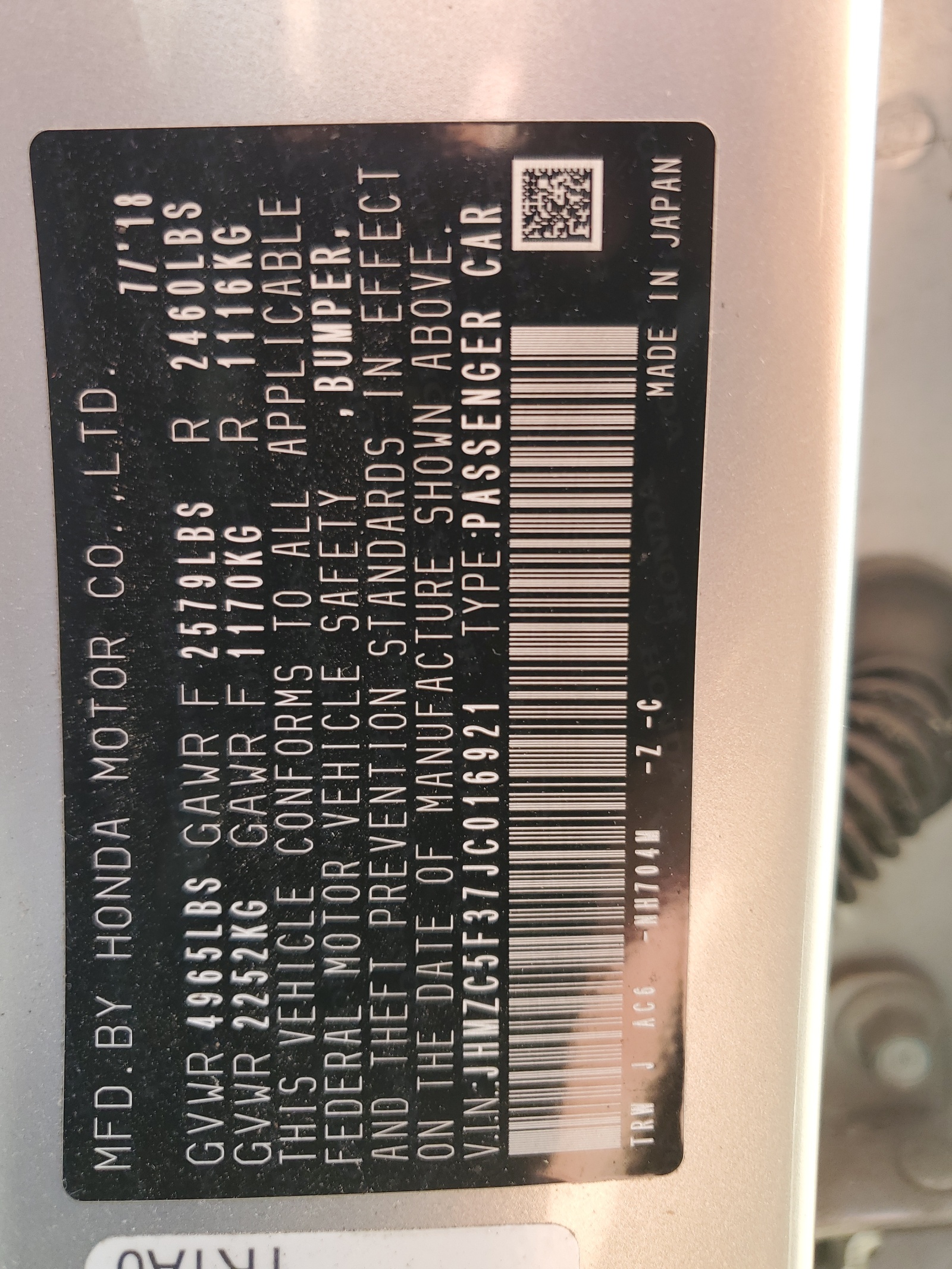 JHMZC5F37JC016921 2018 Honda Clarity Touring