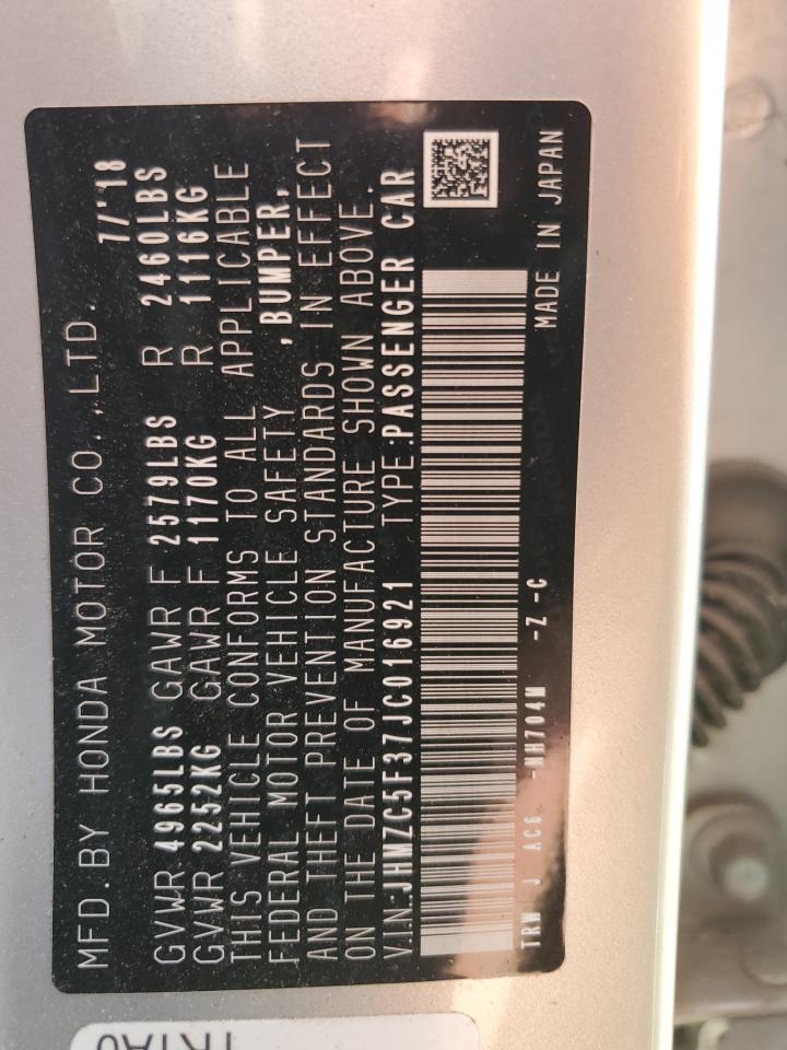 2018 Honda Clarity Touring VIN: JHMZC5F37JC016921 Lot: 65533144