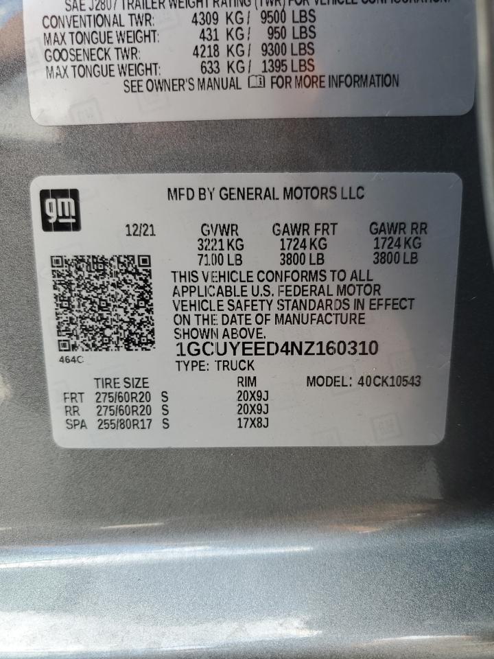 2022 Chevrolet Silverado Ltd K1500 Rst VIN: 1GCUYEED4NZ160310 Lot: 62761404