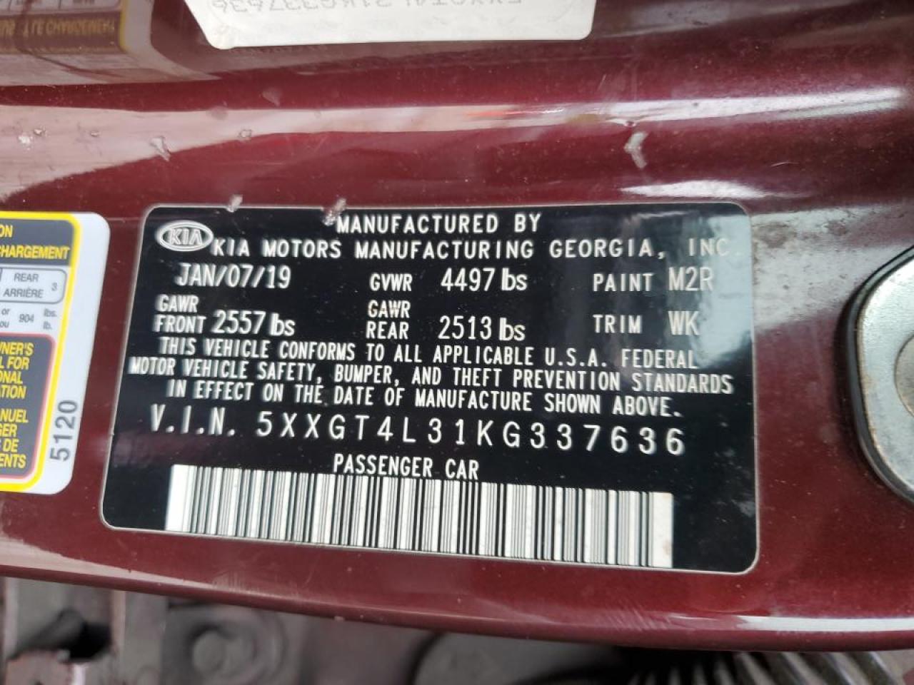 2019 Kia Optima Lx VIN: 5XXGT4L31KG337636 Lot: 61166894