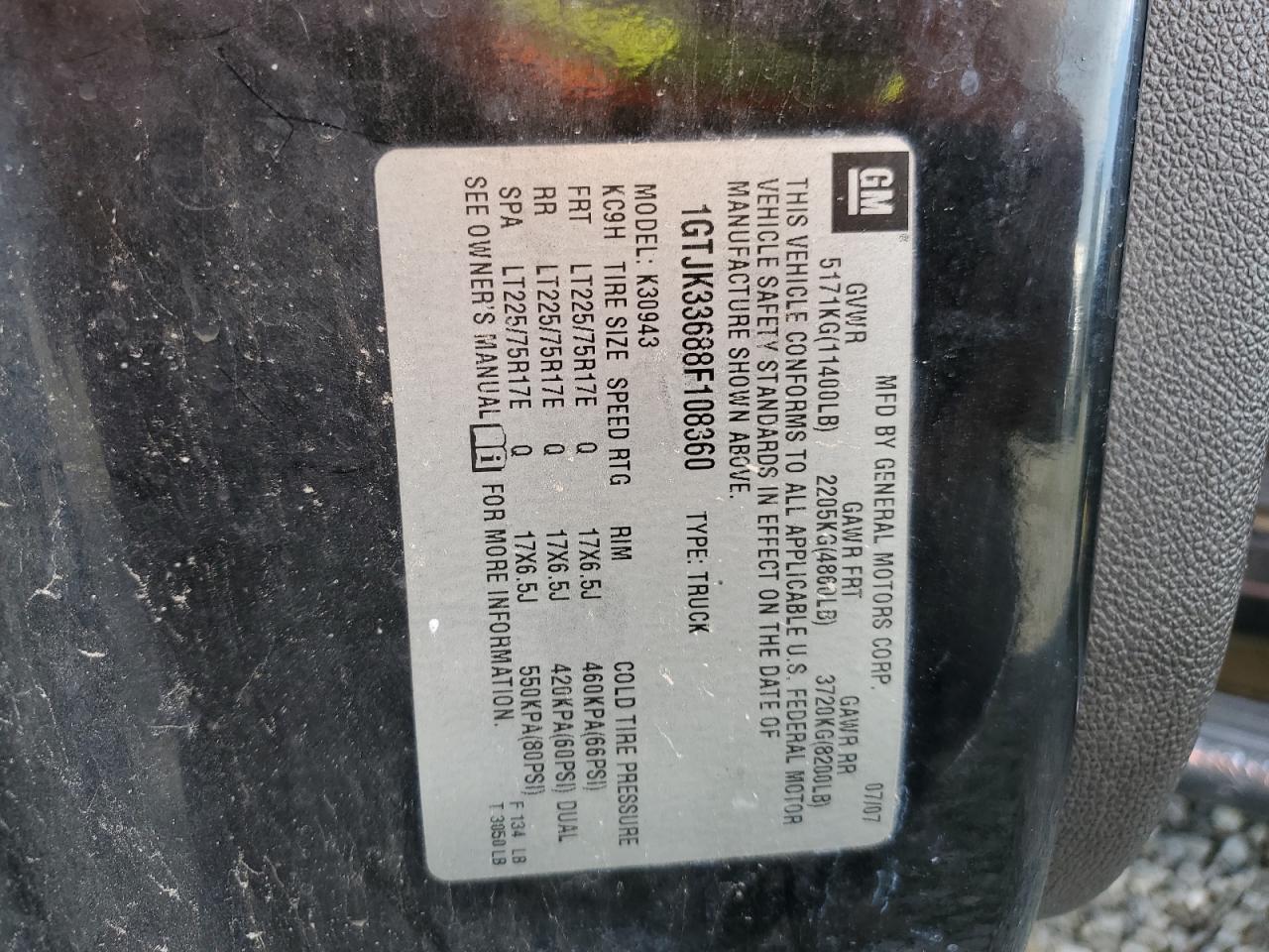 2008 GMC Sierra K3500 VIN: 1GTJK33688F108360 Lot: 62315094