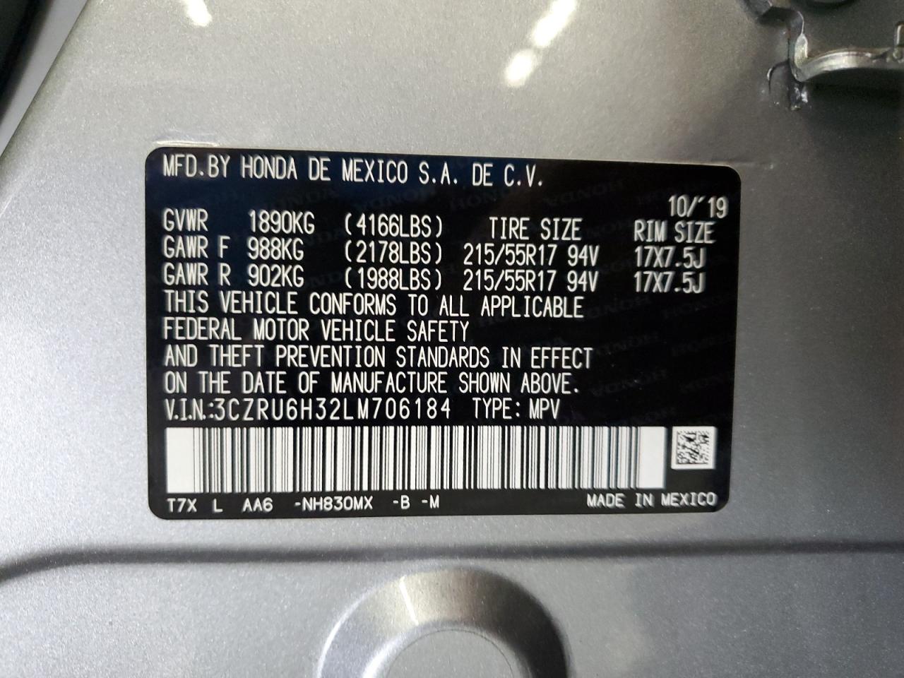 2020 Honda Hr-V Lx VIN: 3CZRU6H32LM706184 Lot: 63622614