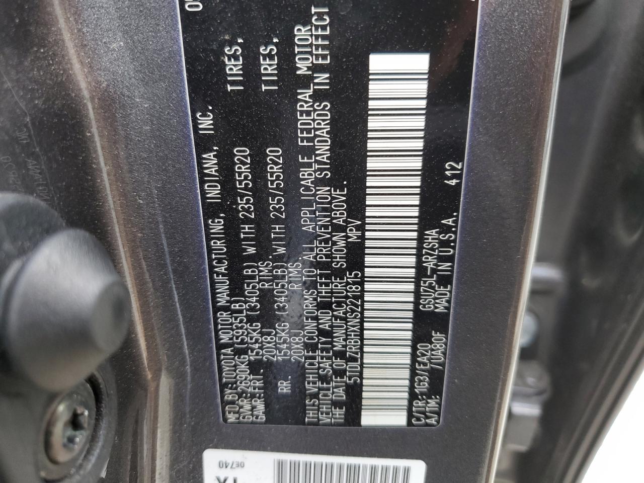 2022 Toyota Highlander Xse VIN: 5TDLZRBHXNS221815 Lot: 62248014