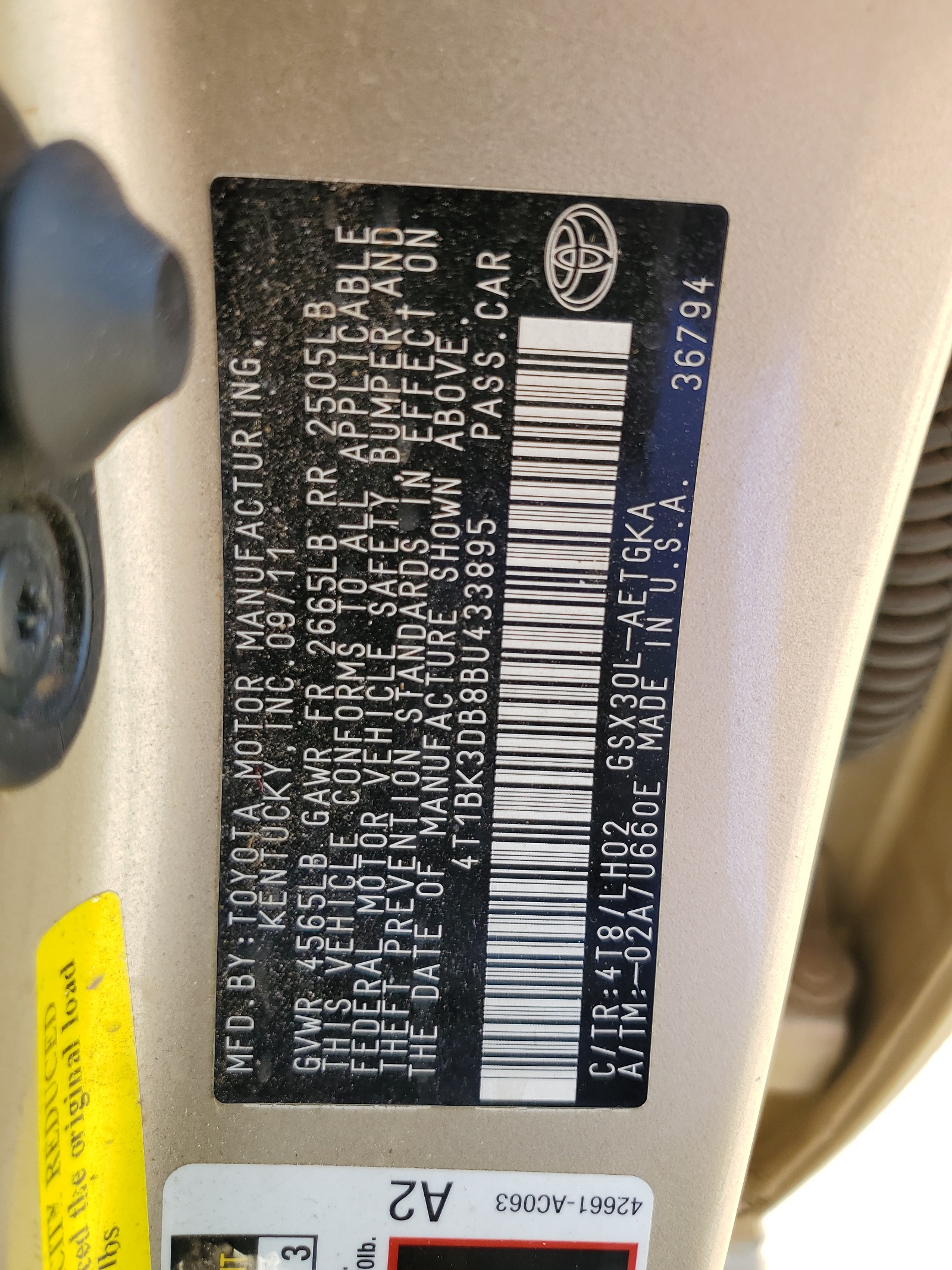 4T1BK3DB8BU433895 2011 Toyota Avalon Base