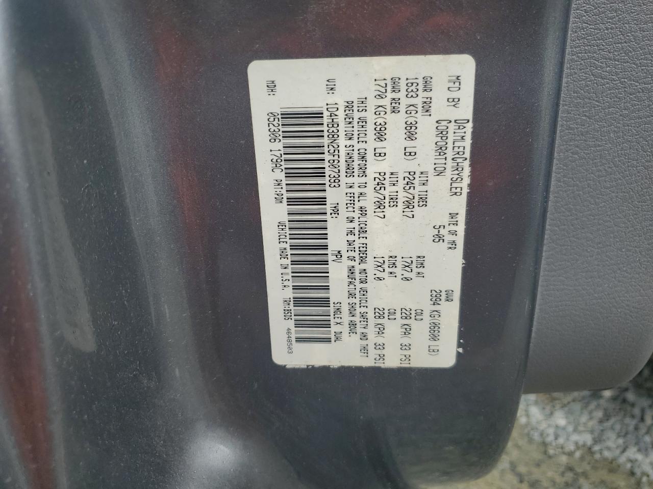 2005 Dodge Durango St VIN: 1D4HB38N25F607393 Lot: 63106334