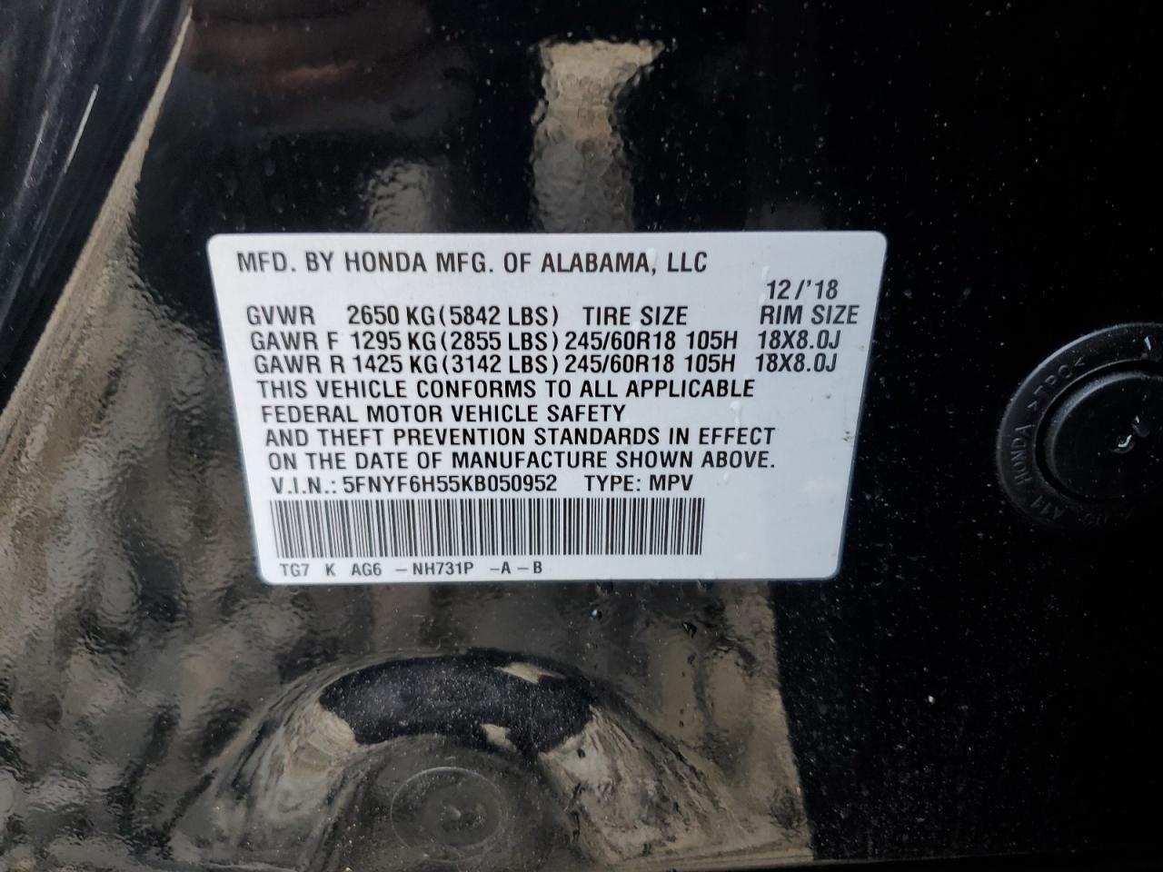 2019 Honda Pilot Exl VIN: 5FNYF6H55KB050952 Lot: 65597674