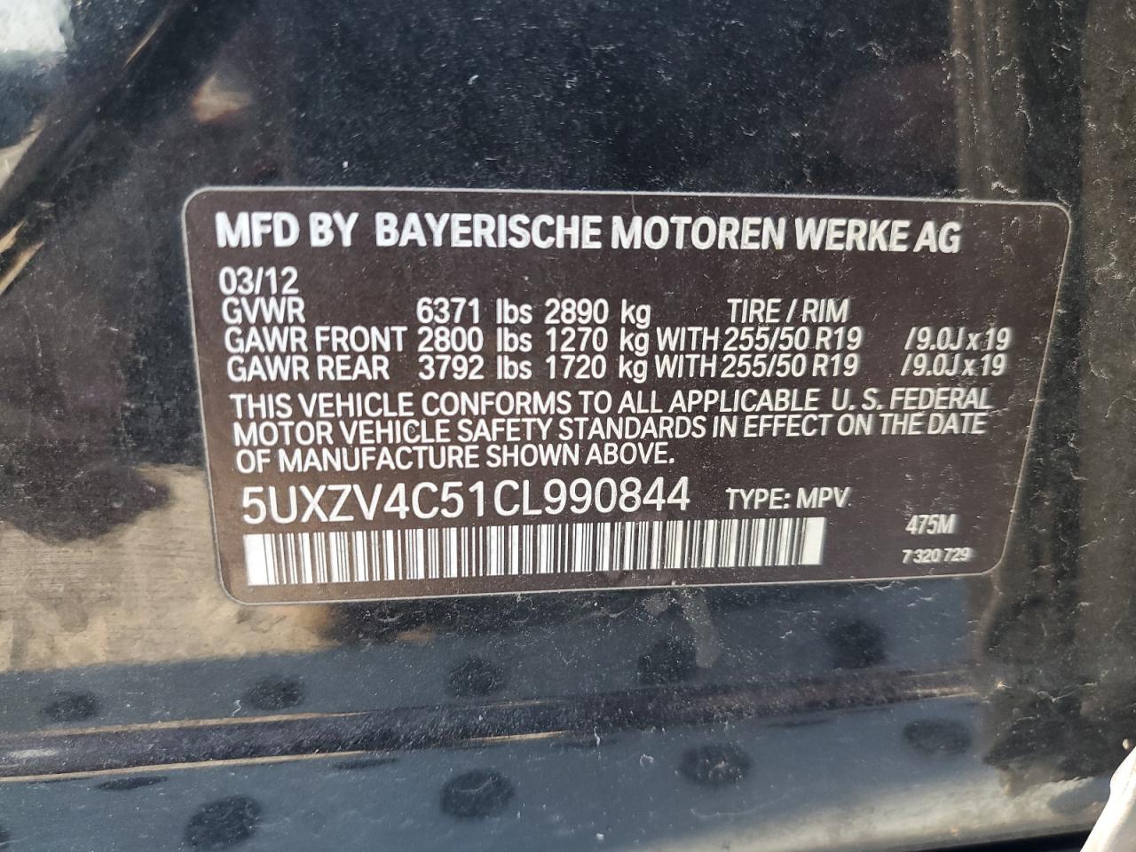 2012 BMW X5 xDrive35I VIN: 5UXZV4C51CL990844 Lot: 62927854