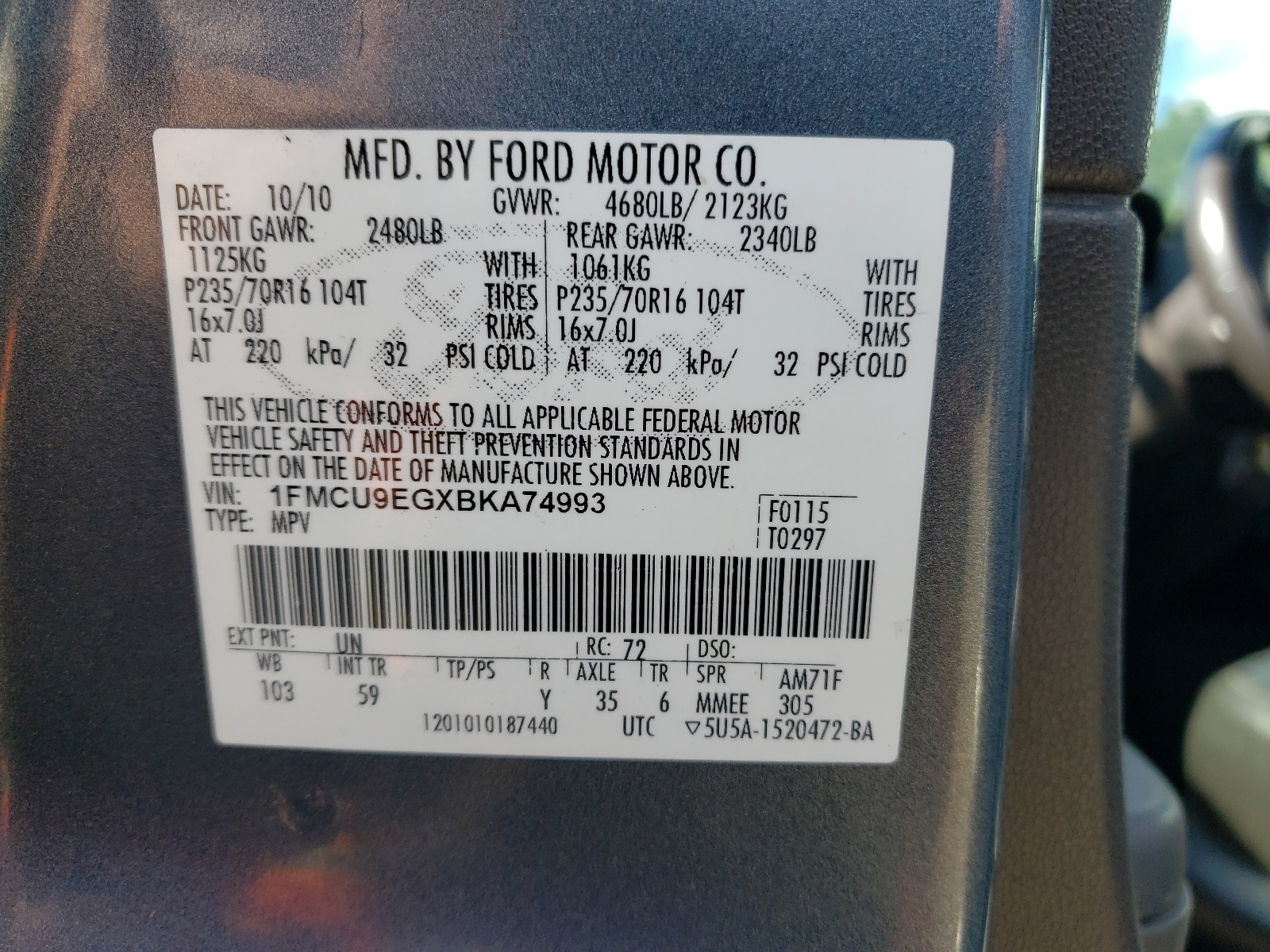 1FMCU9EGXBKA74993 2011 Ford Escape Limited