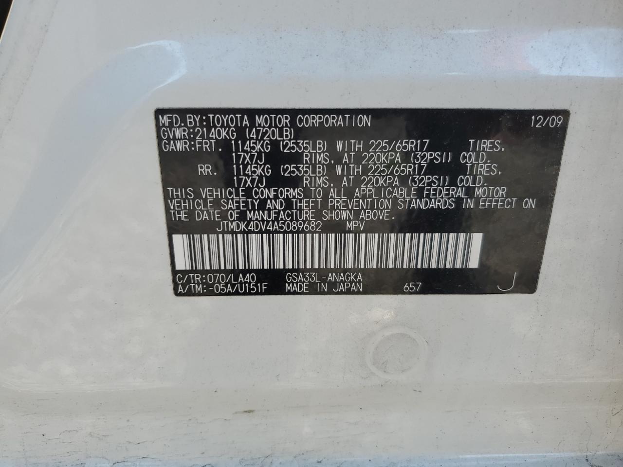 2010 Toyota Rav4 Limited VIN: JTMDK4DV4A5089682 Lot: 62309074