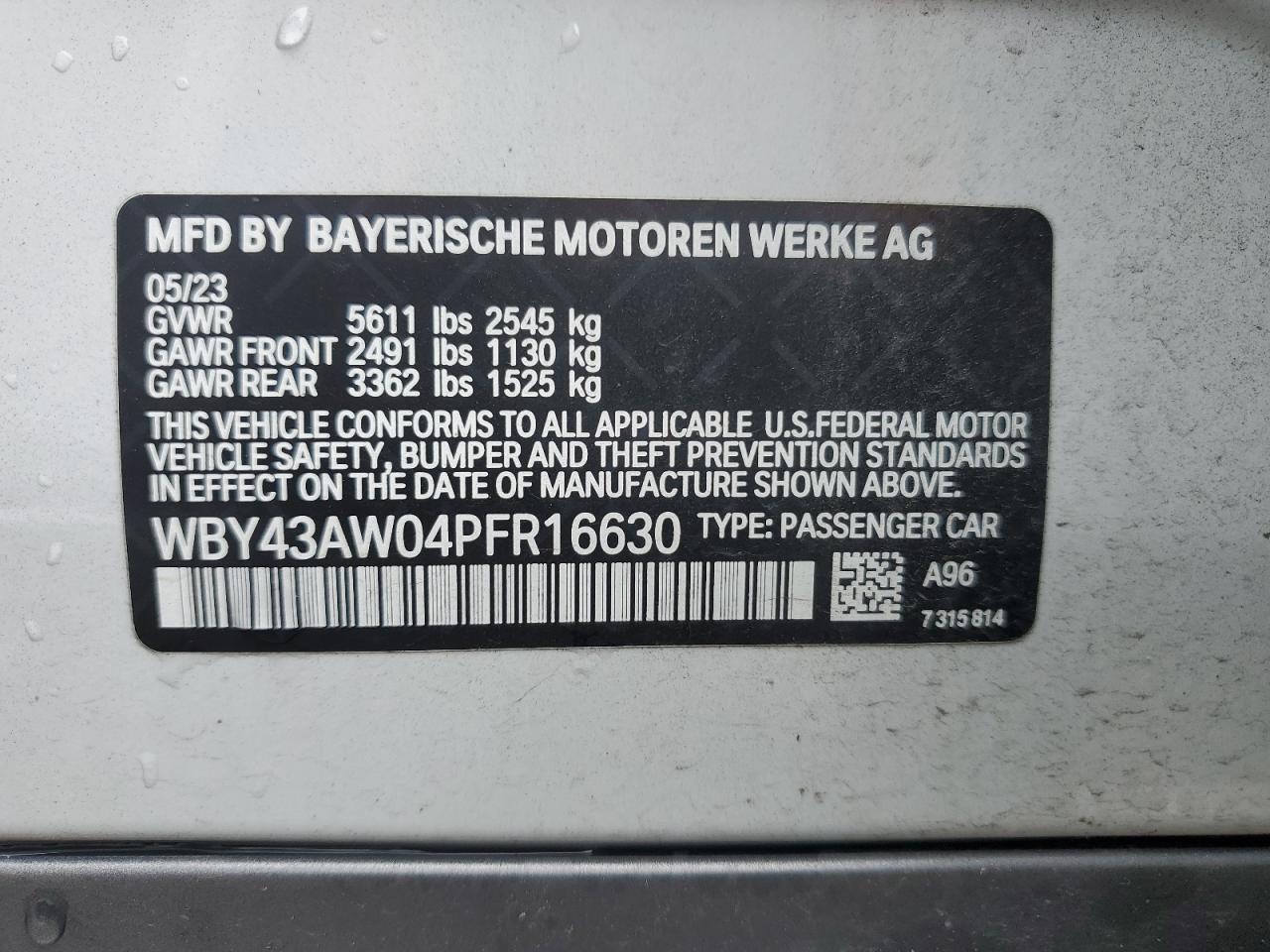 2023 BMW I4 Edrive 35 VIN: WBY43AW04PFR16630 Lot: 63129494