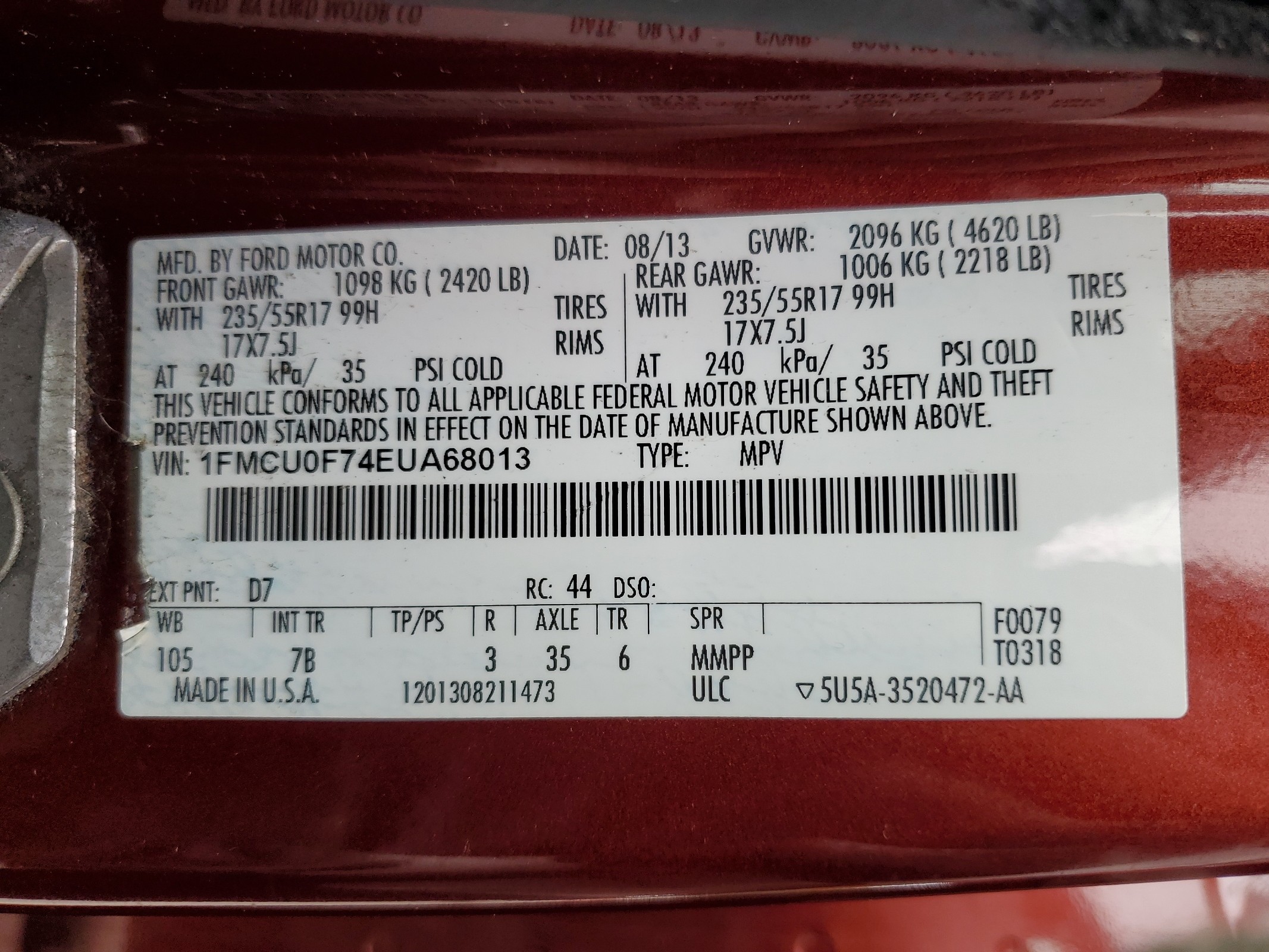 1FMCU0F74EUA68013 2014 Ford Escape S