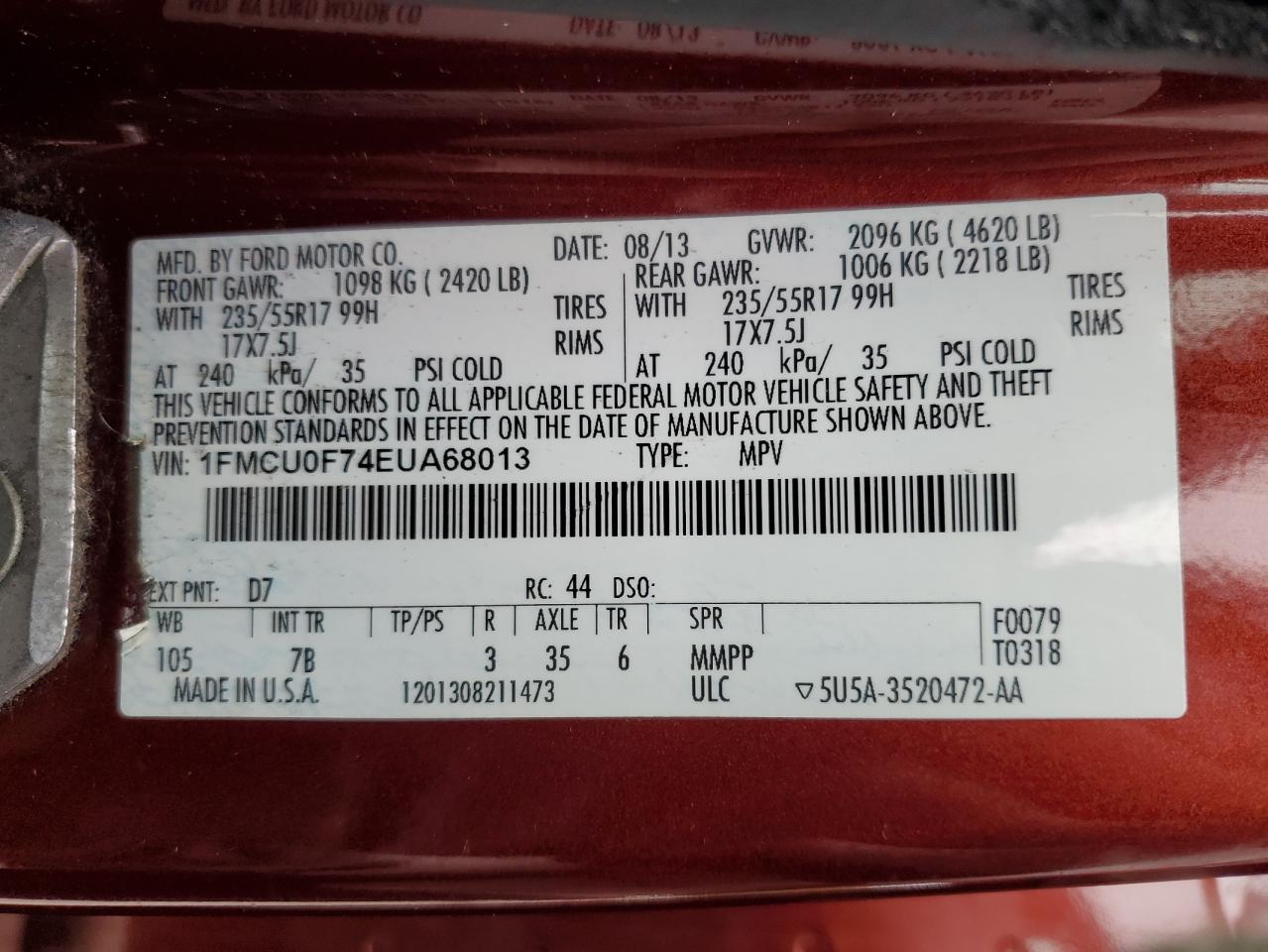 2014 Ford Escape S VIN: 1FMCU0F74EUA68013 Lot: 61664594