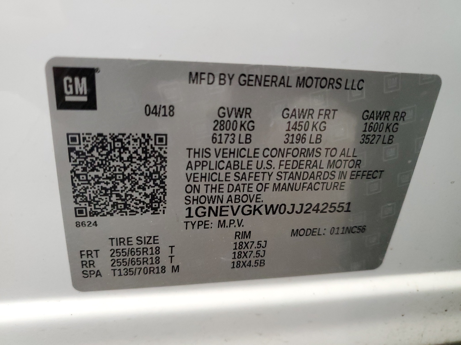 1GNEVGKW0JJ242551 2018 Chevrolet Traverse Lt