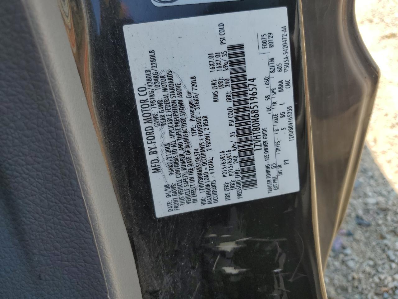 2008 Ford Mustang VIN: 1ZVHT80N685196574 Lot: 62897464