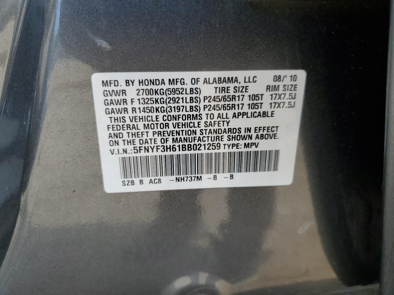 5FNYF3H61BB021259 2011 Honda Pilot Exl