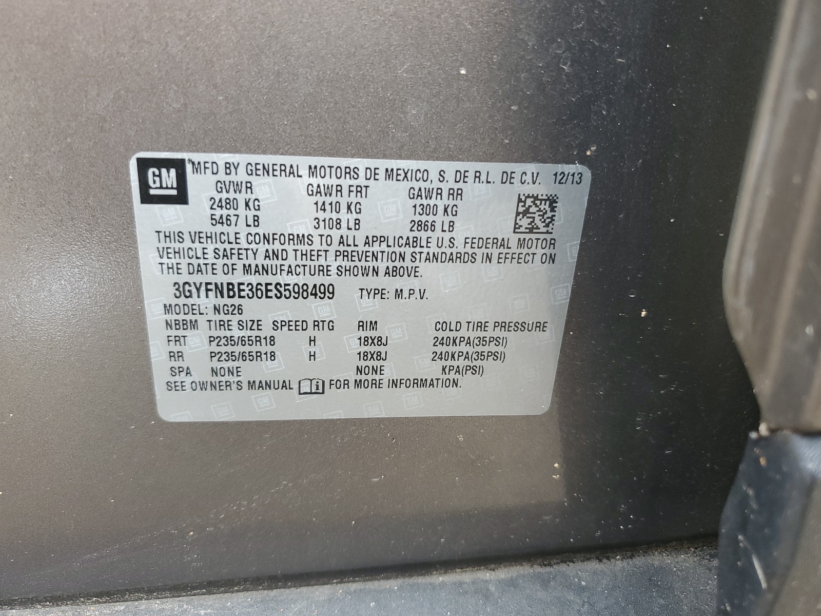 3GYFNBE36ES598499 2014 Cadillac Srx Luxury Collection