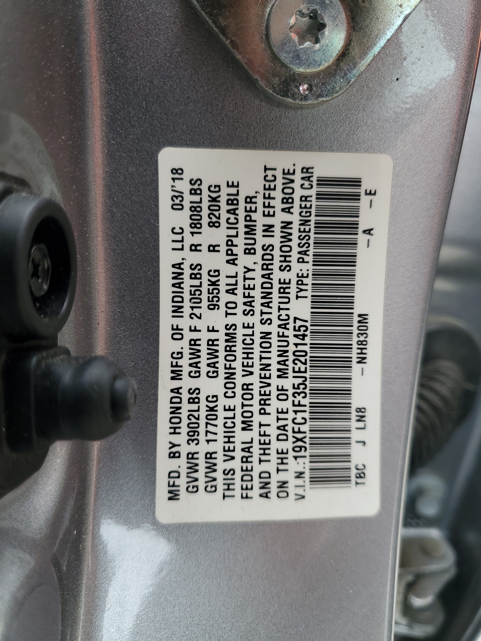 19XFC1F35JE201457 2018 Honda Civic Ex